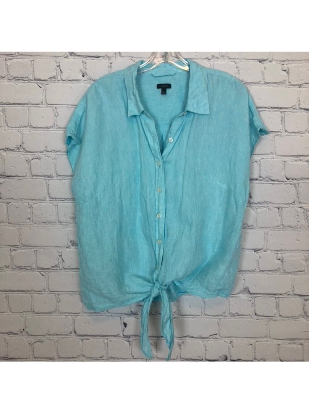 Talbots 100% Linen Turquoise Buttondown Shirt Size L Short Sleeve